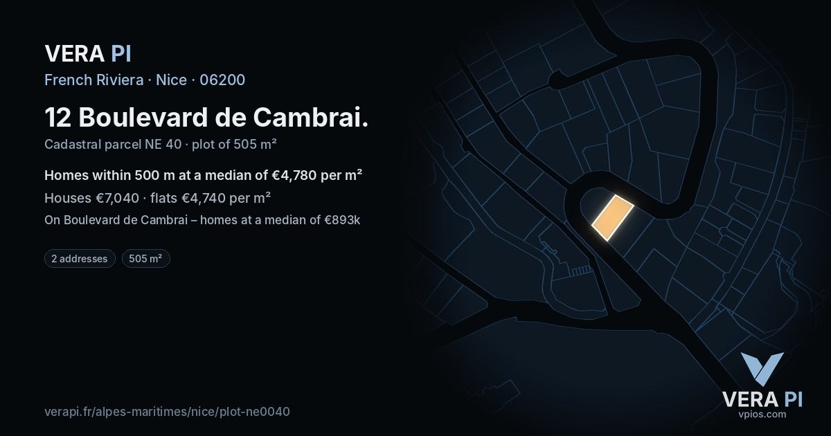 12 Boulevard de Cambrai, Nice at night – the plot lit, the parcels around coloured by the prices near them