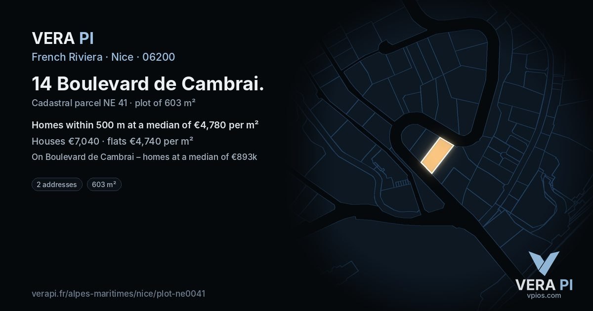 14 Boulevard de Cambrai, Nice at night – the plot lit, the parcels around coloured by the prices near them