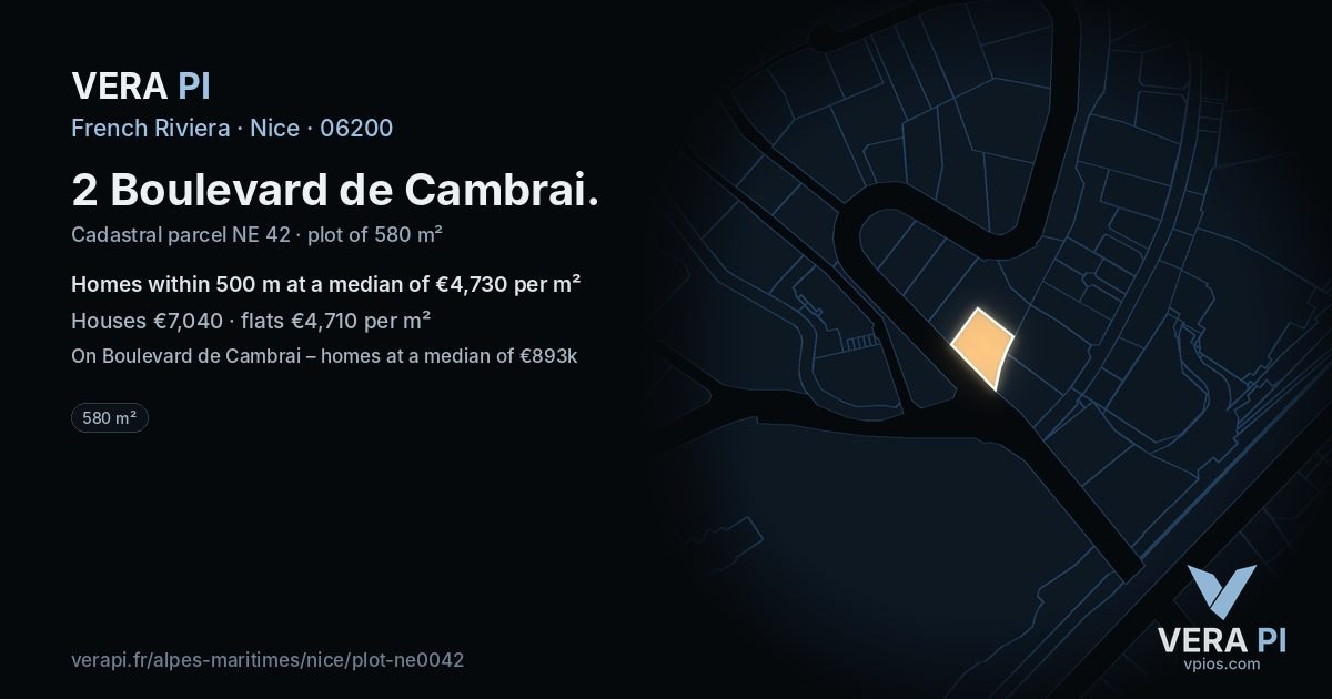 2 Boulevard de Cambrai, Nice at night – the plot lit, the parcels around coloured by the prices near them