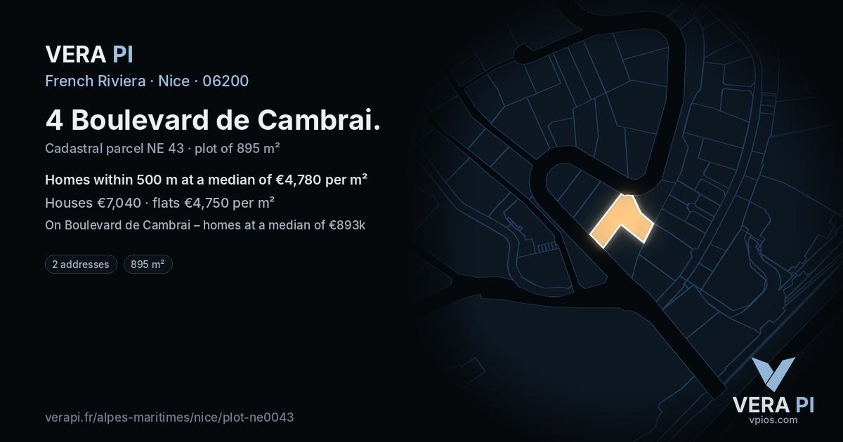 4 Boulevard de Cambrai, Nice at night – the plot lit, the parcels around coloured by the prices near them
