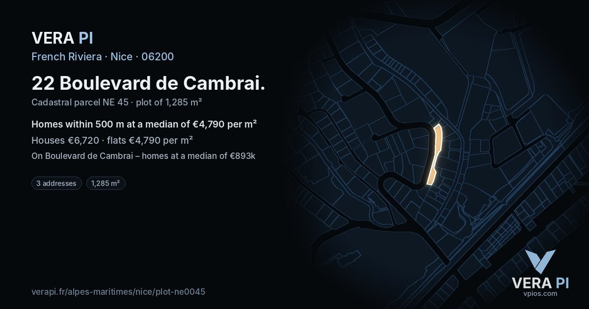 22 Boulevard de Cambrai, Nice at night – the plot lit, the parcels around coloured by the prices near them