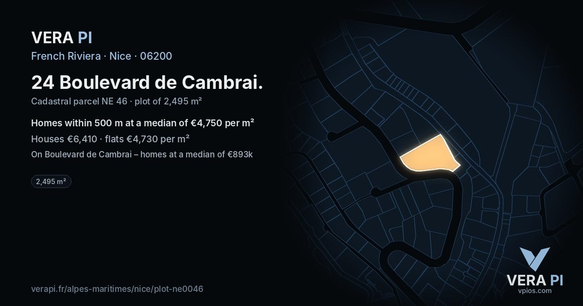 24 Boulevard de Cambrai, Nice at night – the plot lit, the parcels around coloured by the prices near them