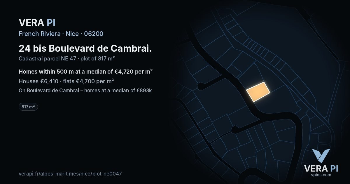 24 bis Boulevard de Cambrai, Nice at night – the plot lit, the parcels around coloured by the prices near them