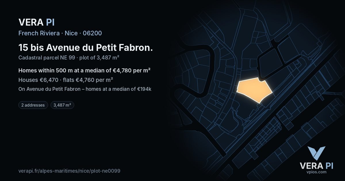 15 bis Avenue du Petit Fabron, Nice at night – the plot lit, the parcels around coloured by the prices near them