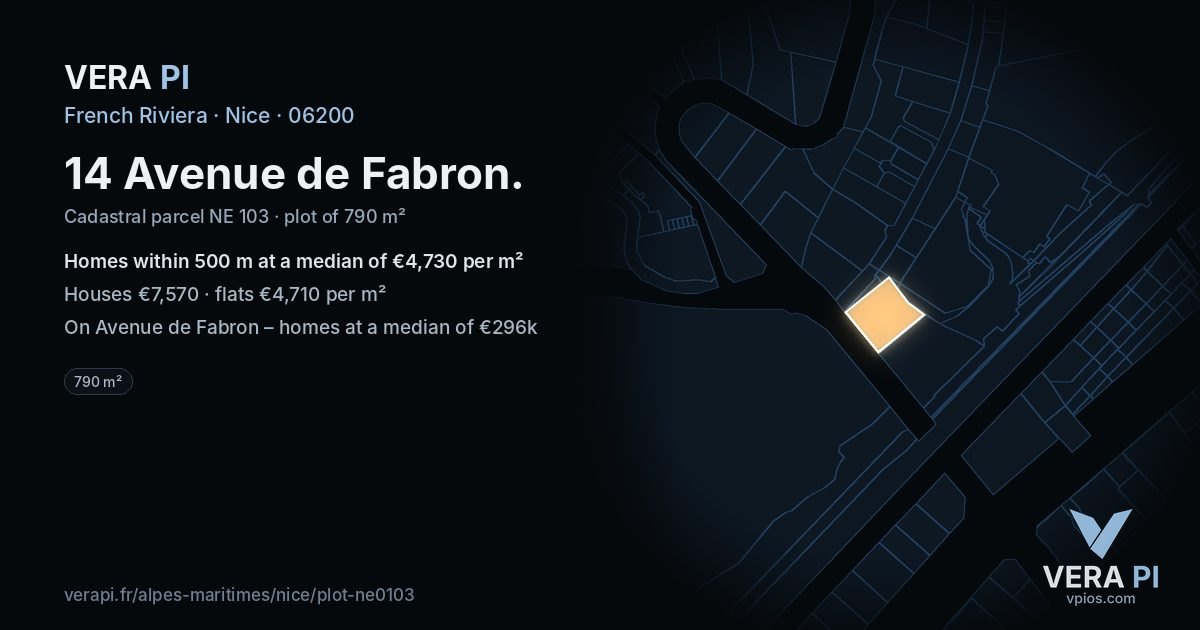 14 Avenue de Fabron, Nice at night – the plot lit, the parcels around coloured by the prices near them