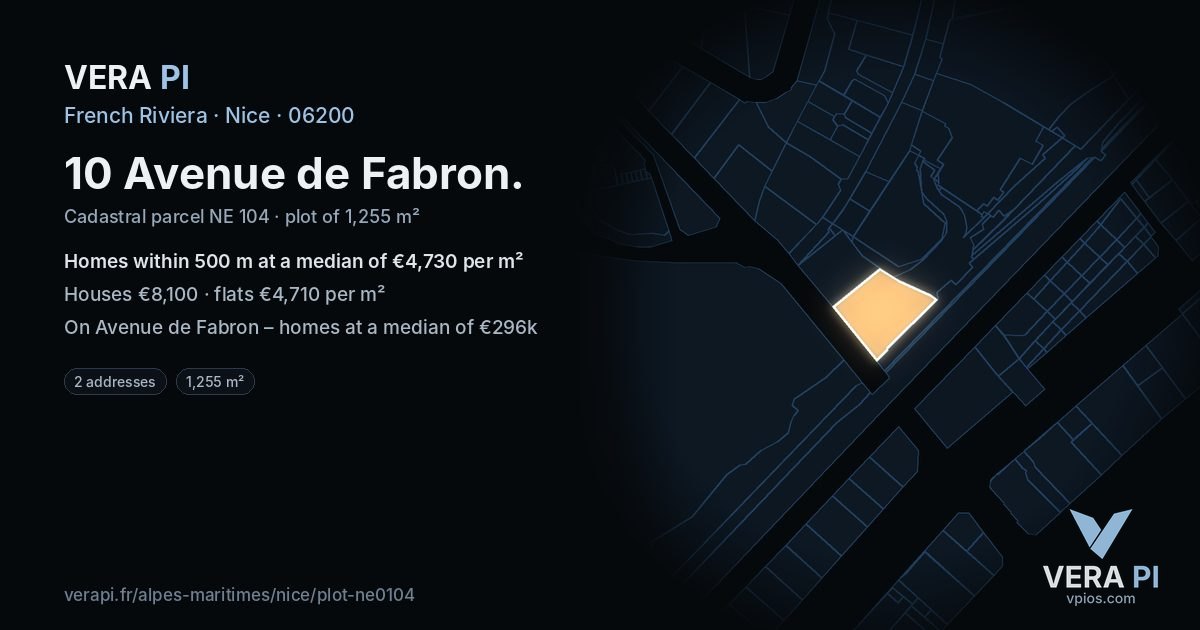 10 Avenue de Fabron, Nice at night – the plot lit, the parcels around coloured by the prices near them