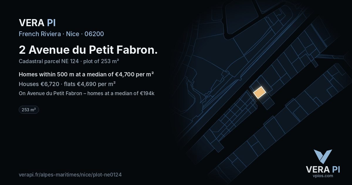 2 Avenue du Petit Fabron, Nice at night – the plot lit, the parcels around coloured by the prices near them