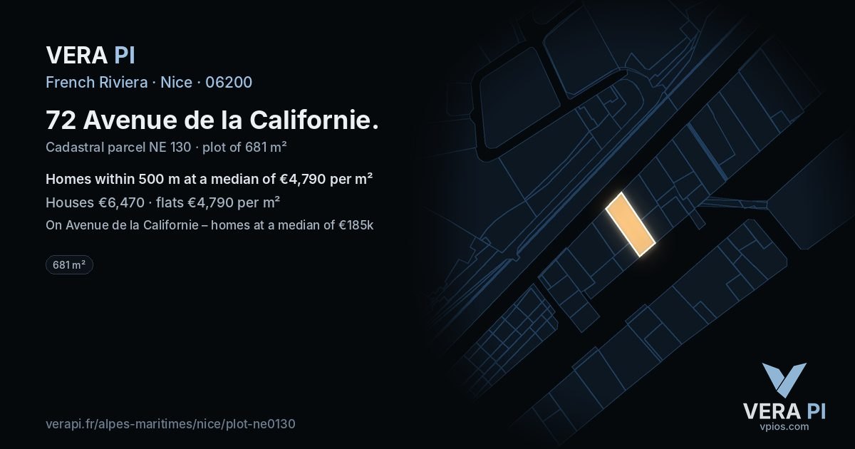72 Avenue de la Californie, Nice at night – the plot lit, the parcels around coloured by the prices near them