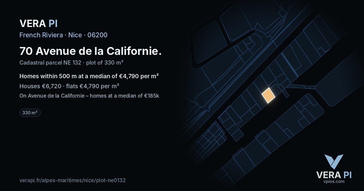 70 Avenue de la Californie, Nice at night – the plot lit, the parcels around coloured by the prices near them