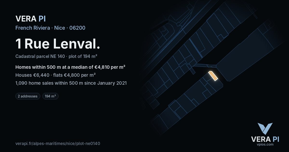 1 Rue Lenval, Nice at night – the plot lit, the parcels around coloured by the prices near them