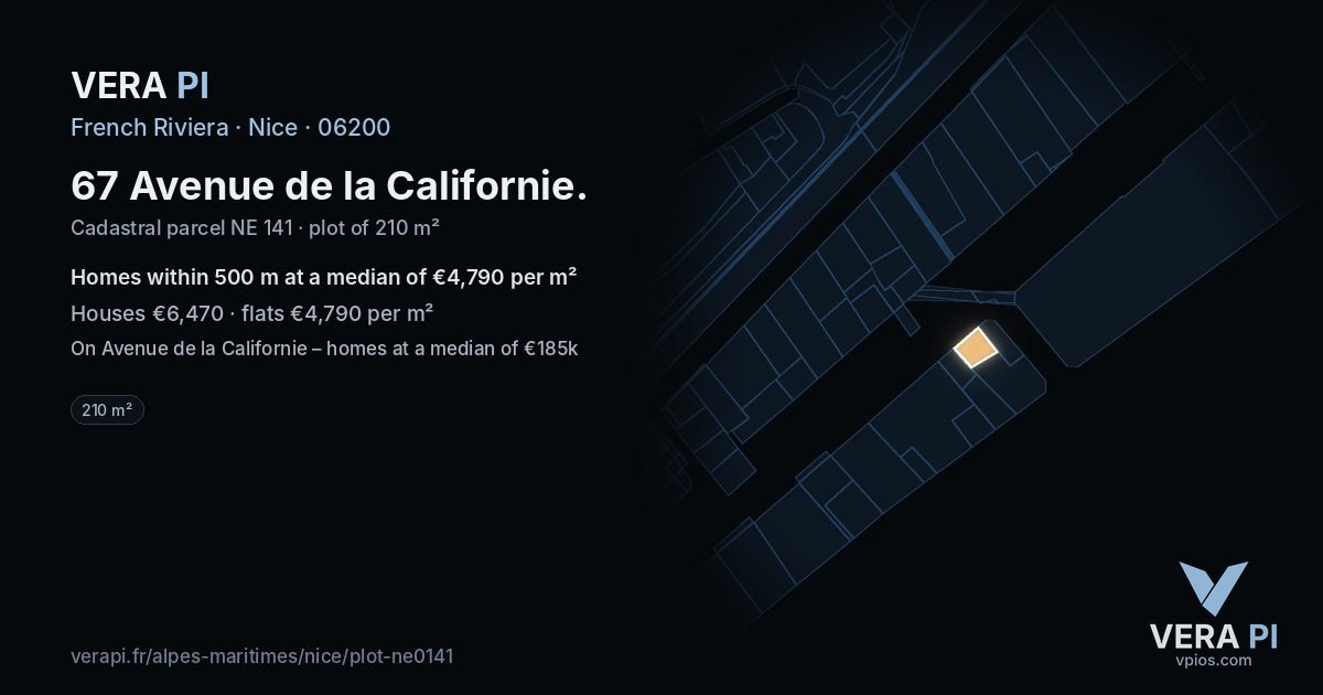 67 Avenue de la Californie, Nice at night – the plot lit, the parcels around coloured by the prices near them