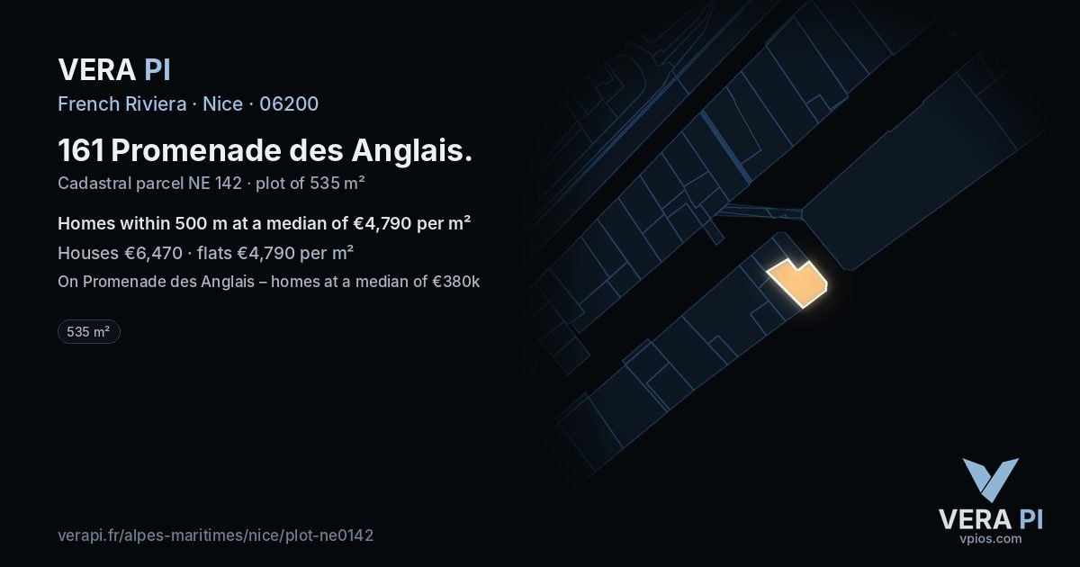 161 Promenade des Anglais, Nice at night – the plot lit, the parcels around coloured by the prices near them
