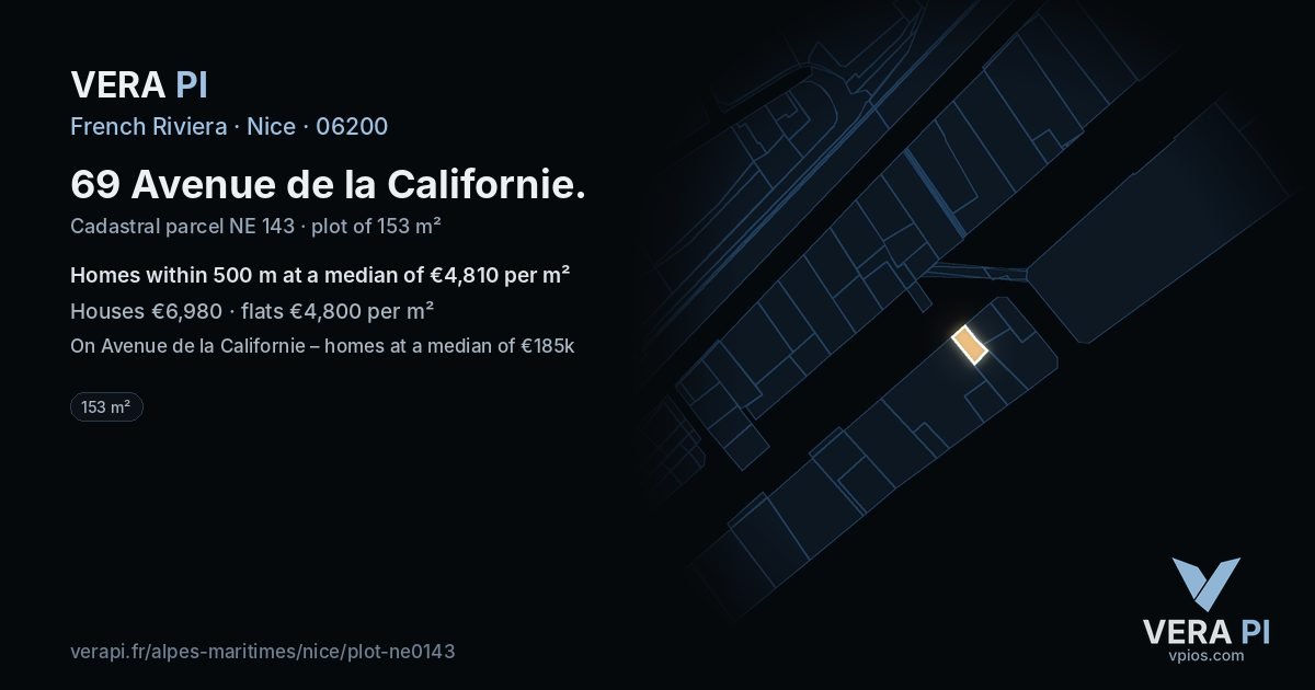 69 Avenue de la Californie, Nice at night – the plot lit, the parcels around coloured by the prices near them
