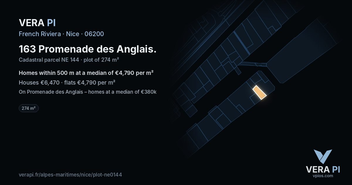 163 Promenade des Anglais, Nice at night – the plot lit, the parcels around coloured by the prices near them