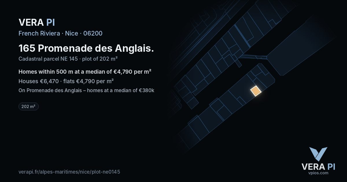 165 Promenade des Anglais, Nice at night – the plot lit, the parcels around coloured by the prices near them