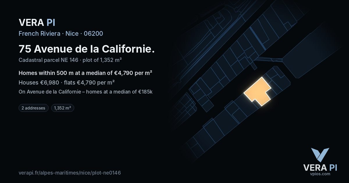 75 Avenue de la Californie, Nice at night – the plot lit, the parcels around coloured by the prices near them