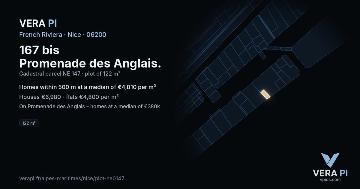 167 bis Promenade des Anglais, Nice at night – the plot lit, the parcels around coloured by the prices near them