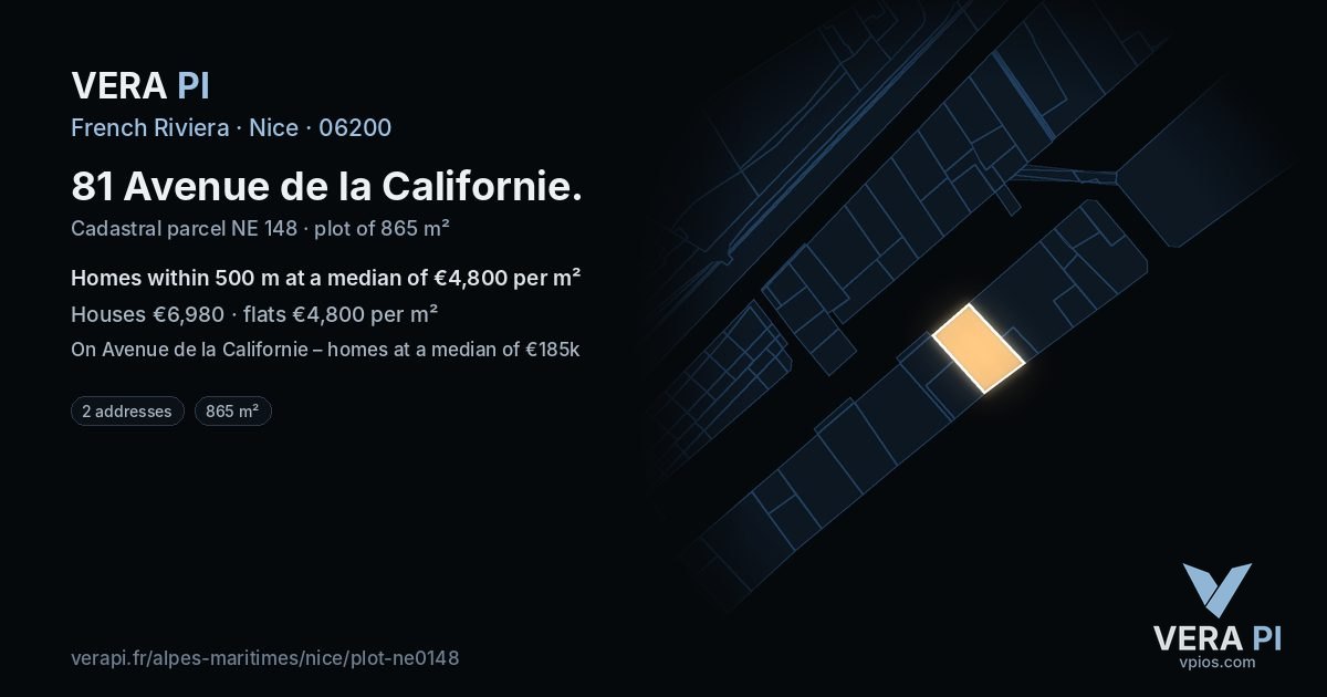 81 Avenue de la Californie, Nice at night – the plot lit, the parcels around coloured by the prices near them