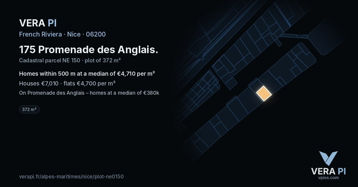 175 Promenade des Anglais, Nice at night – the plot lit, the parcels around coloured by the prices near them