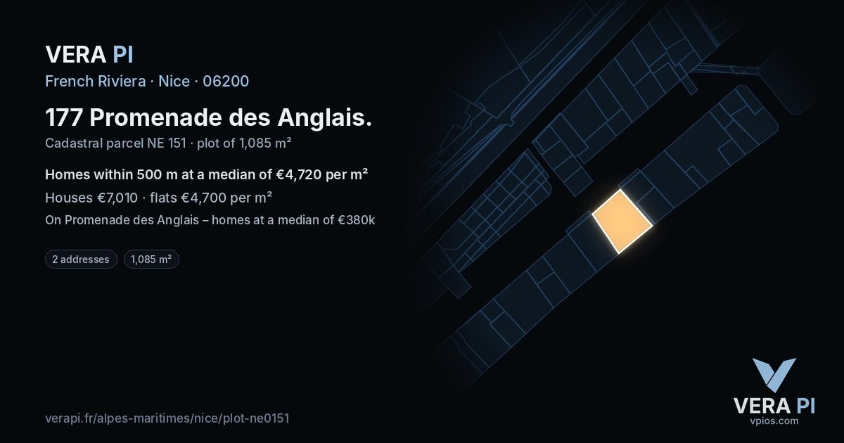 177 Promenade des Anglais, Nice at night – the plot lit, the parcels around coloured by the prices near them