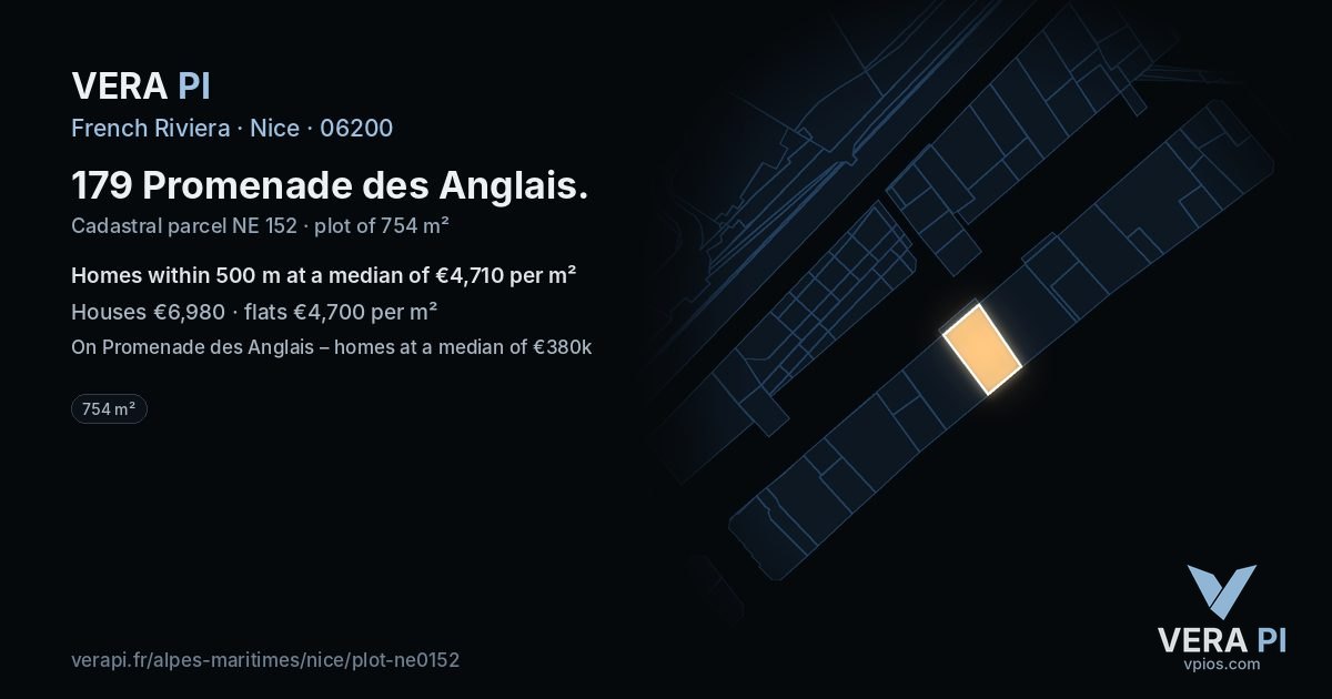 179 Promenade des Anglais, Nice at night – the plot lit, the parcels around coloured by the prices near them