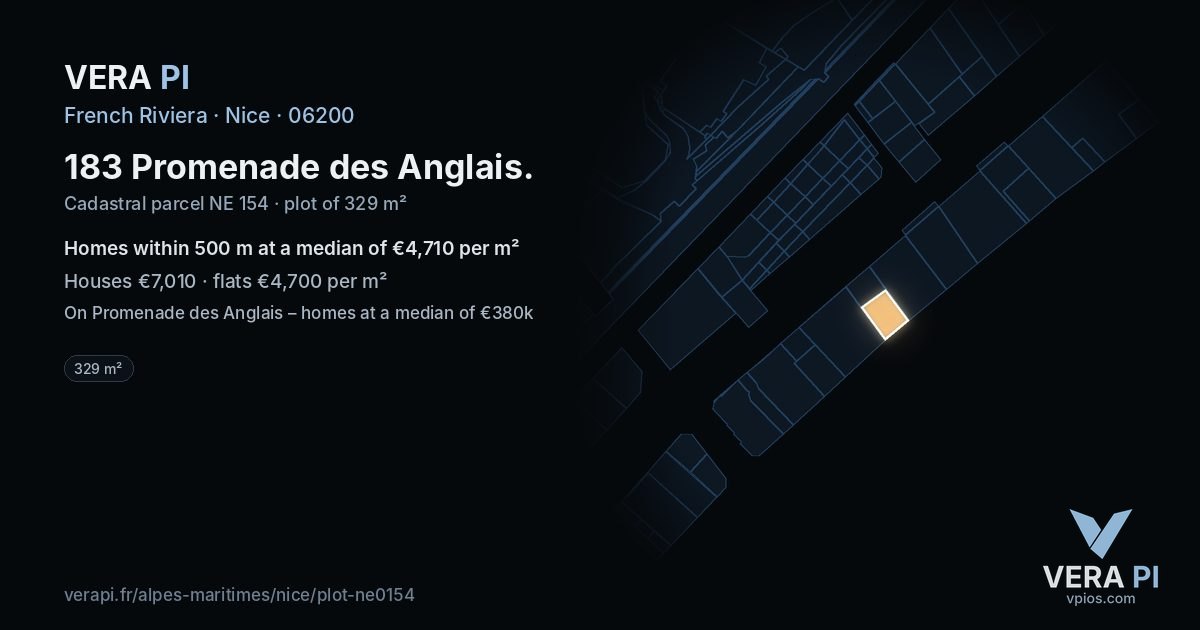 183 Promenade des Anglais, Nice at night – the plot lit, the parcels around coloured by the prices near them