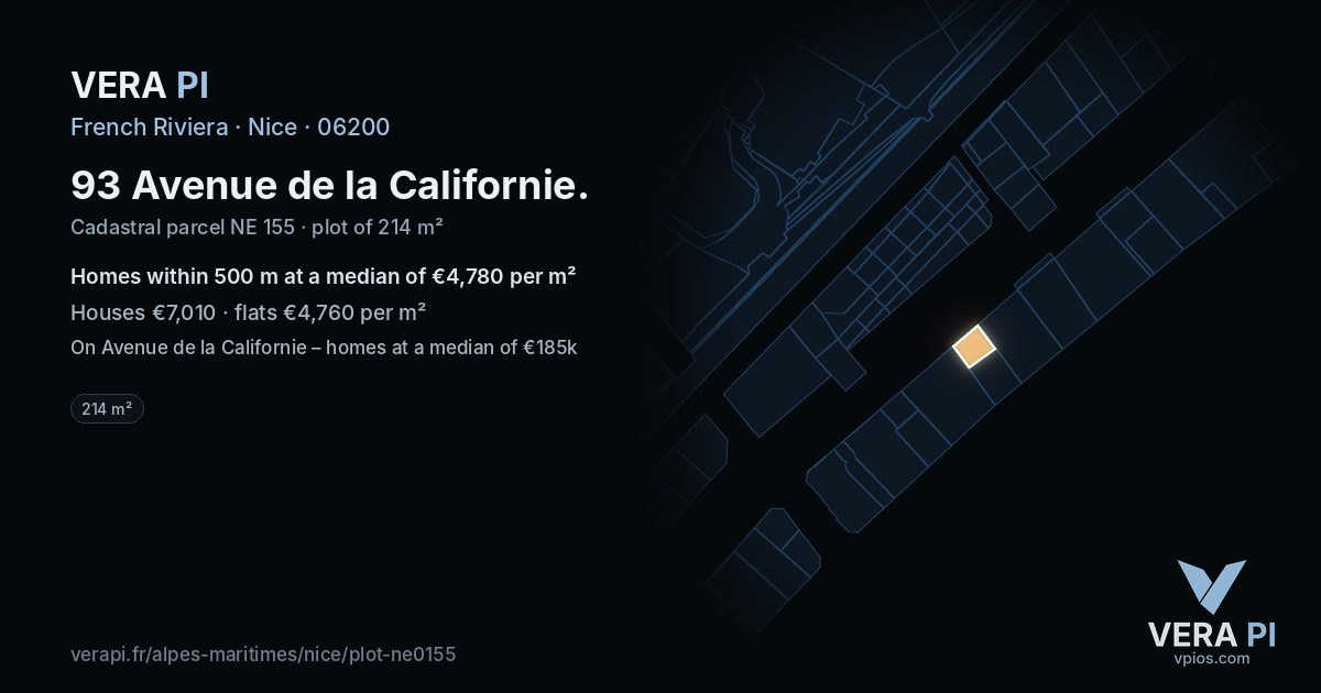 93 Avenue de la Californie, Nice at night – the plot lit, the parcels around coloured by the prices near them