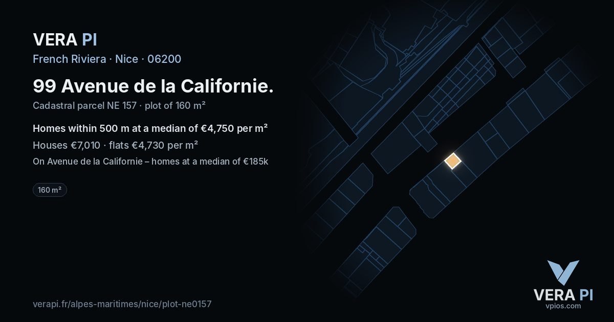 99 Avenue de la Californie, Nice at night – the plot lit, the parcels around coloured by the prices near them