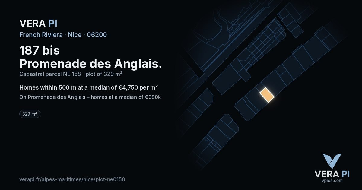 187 bis Promenade des Anglais, Nice at night – the plot lit, the parcels around coloured by the prices near them