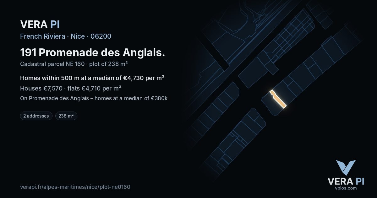 191 Promenade des Anglais, Nice at night – the plot lit, the parcels around coloured by the prices near them