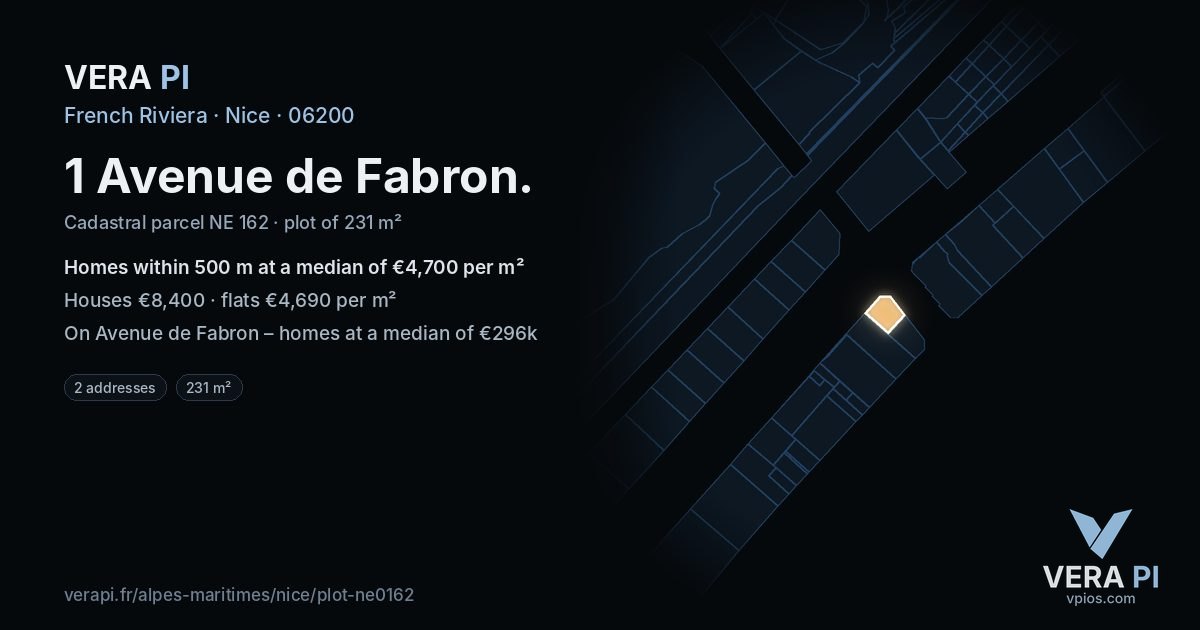1 Avenue de Fabron, Nice at night – the plot lit, the parcels around coloured by the prices near them