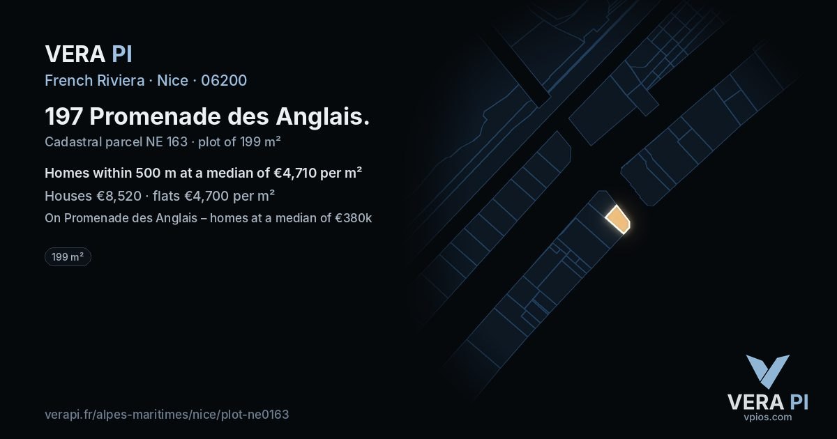 197 Promenade des Anglais, Nice at night – the plot lit, the parcels around coloured by the prices near them