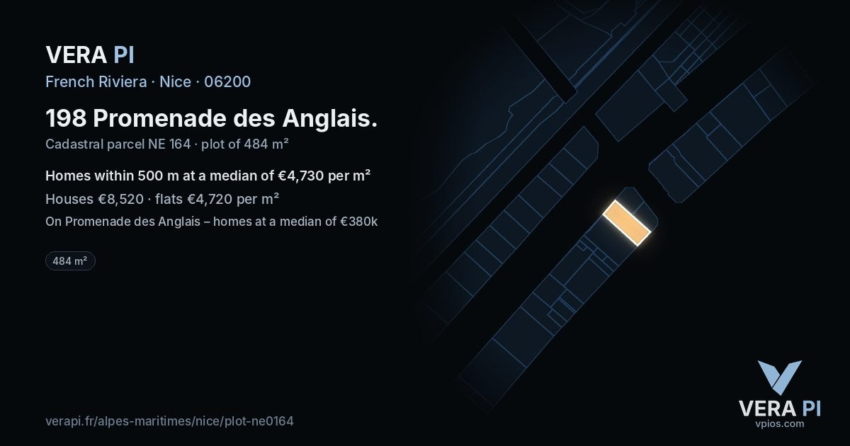 198 Promenade des Anglais, Nice at night – the plot lit, the parcels around coloured by the prices near them