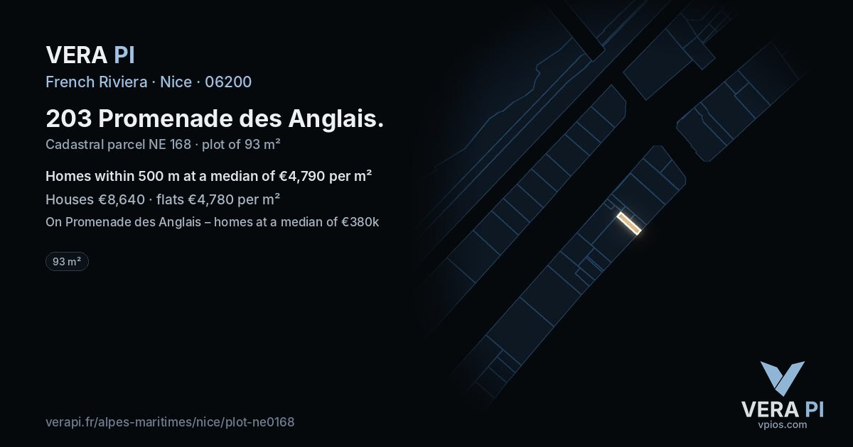 203 Promenade des Anglais, Nice at night – the plot lit, the parcels around coloured by the prices near them