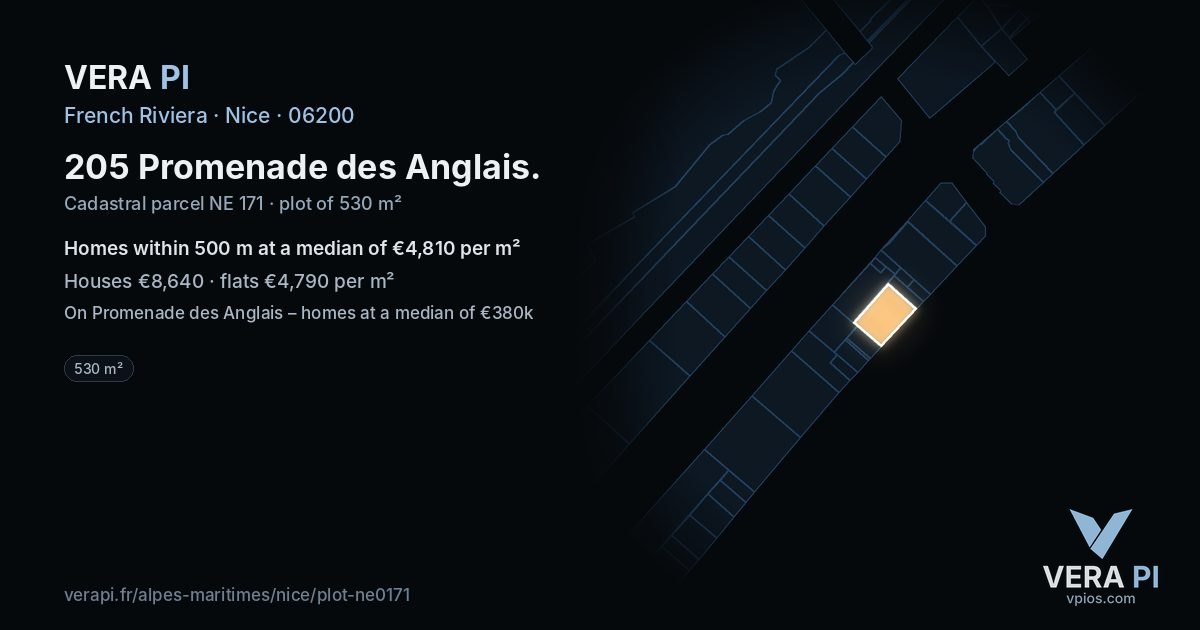 205 Promenade des Anglais, Nice at night – the plot lit, the parcels around coloured by the prices near them