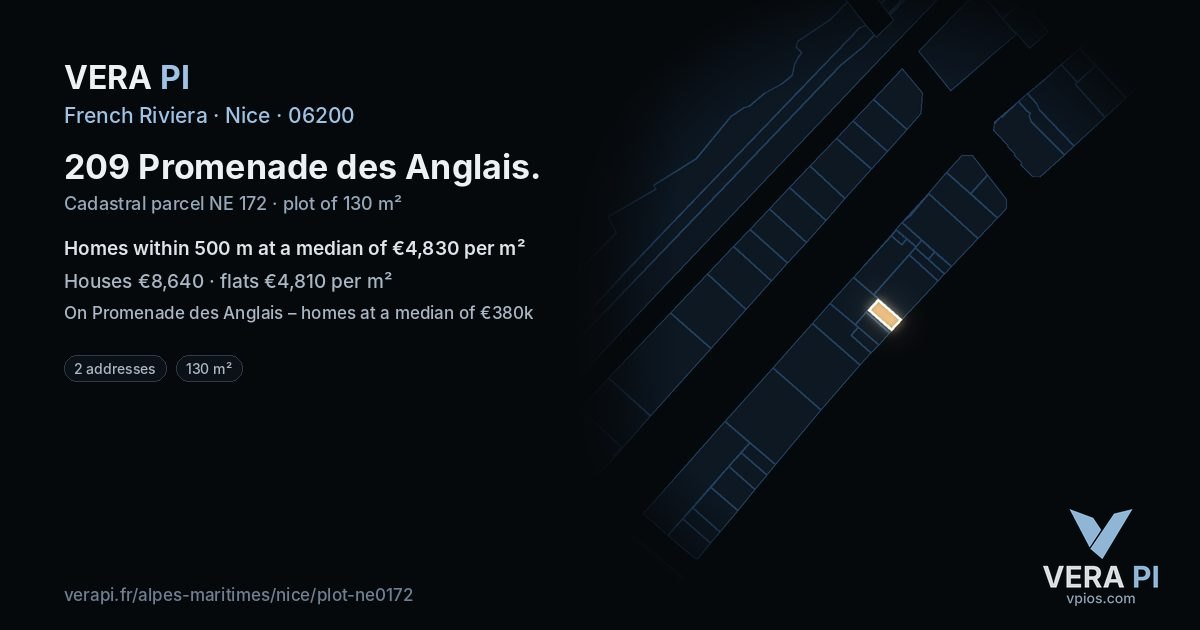 209 Promenade des Anglais, Nice at night – the plot lit, the parcels around coloured by the prices near them