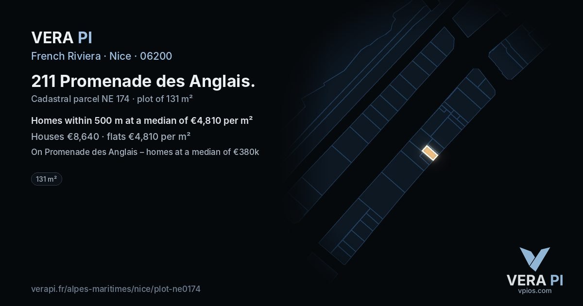 211 Promenade des Anglais, Nice at night – the plot lit, the parcels around coloured by the prices near them