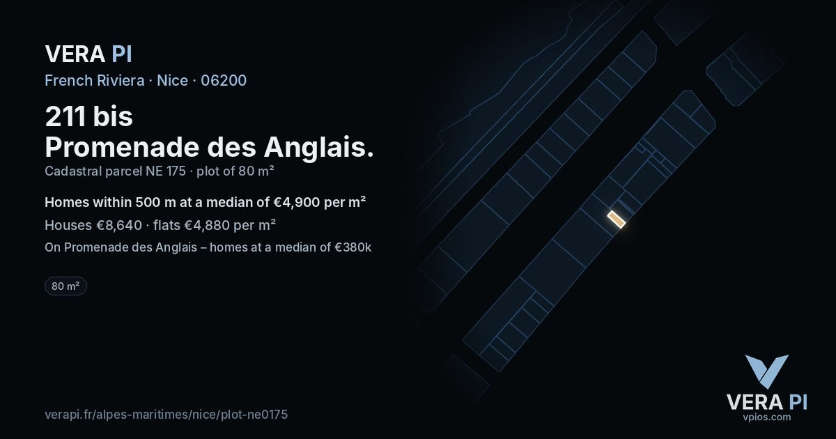211 bis Promenade des Anglais, Nice at night – the plot lit, the parcels around coloured by the prices near them