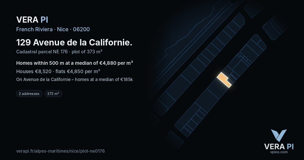 129 Avenue de la Californie, Nice at night – the plot lit, the parcels around coloured by the prices near them