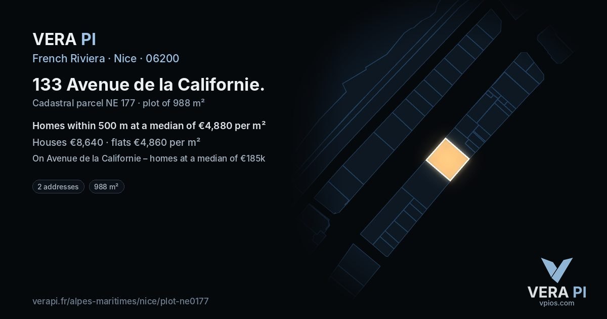 133 Avenue de la Californie, Nice at night – the plot lit, the parcels around coloured by the prices near them