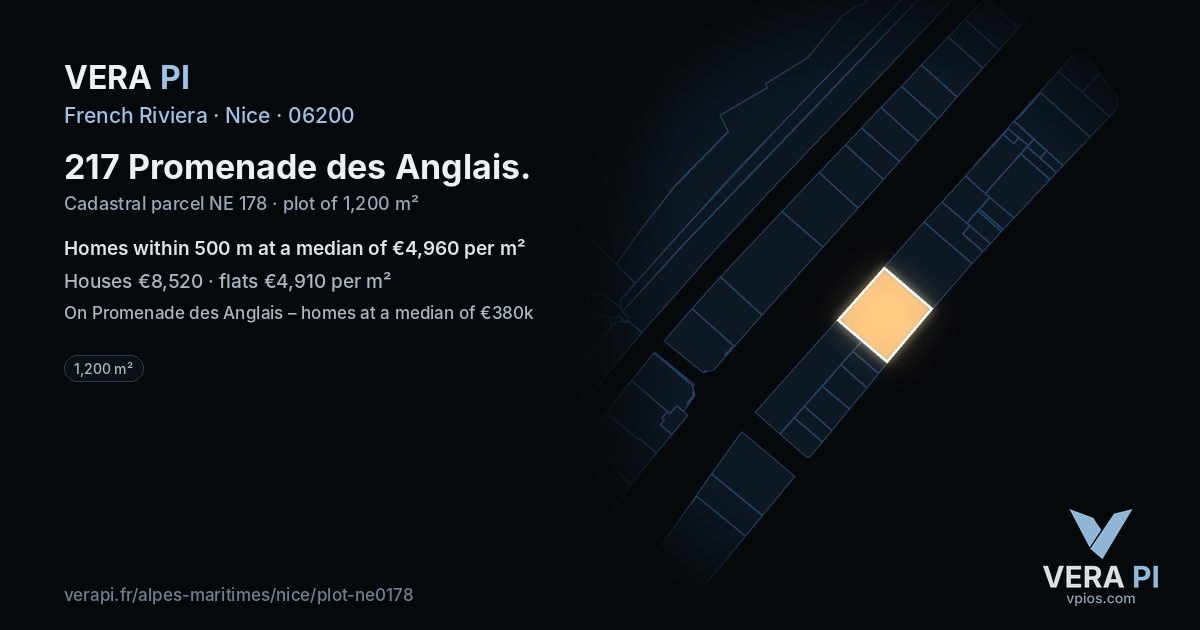 217 Promenade des Anglais, Nice at night – the plot lit, the parcels around coloured by the prices near them