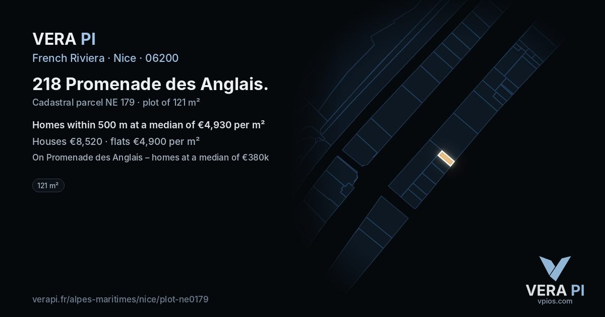 218 Promenade des Anglais, Nice at night – the plot lit, the parcels around coloured by the prices near them