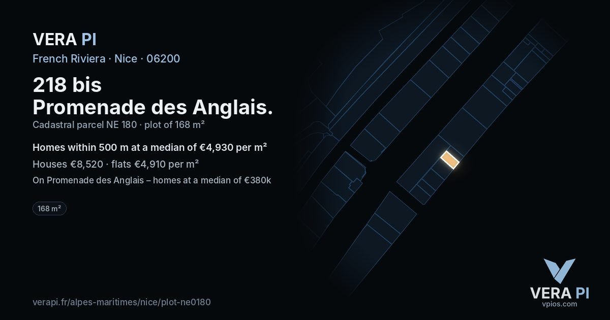 218 bis Promenade des Anglais, Nice at night – the plot lit, the parcels around coloured by the prices near them