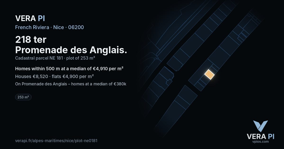 218 ter Promenade des Anglais, Nice at night – the plot lit, the parcels around coloured by the prices near them