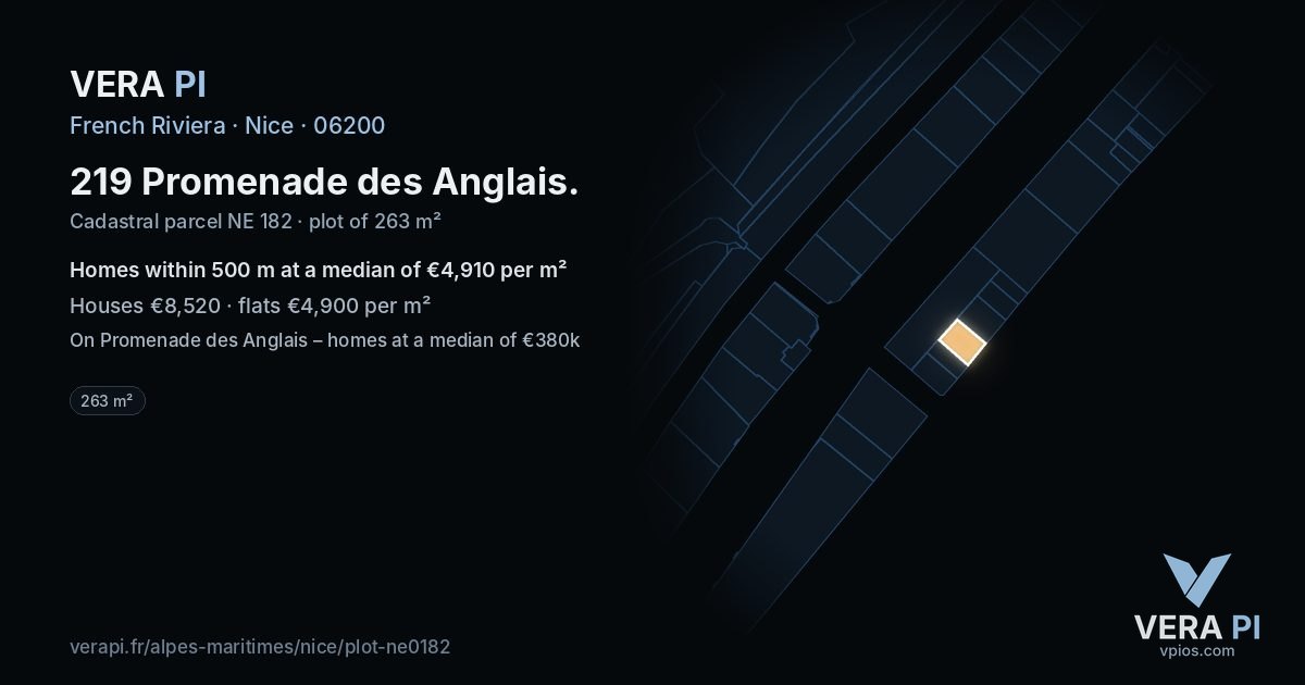 219 Promenade des Anglais, Nice at night – the plot lit, the parcels around coloured by the prices near them