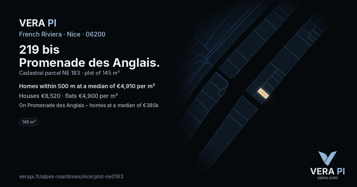 219 bis Promenade des Anglais, Nice at night – the plot lit, the parcels around coloured by the prices near them