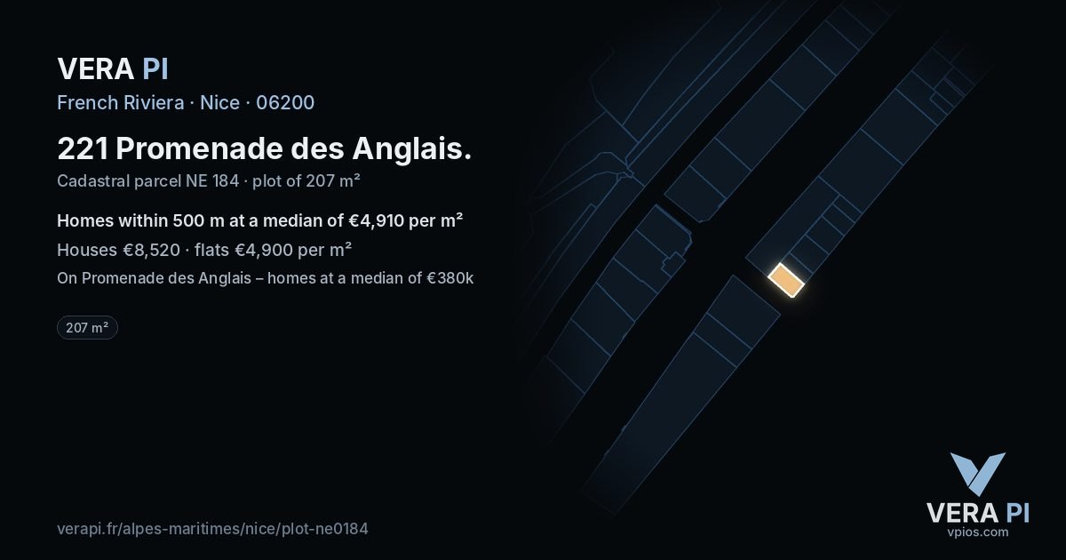 221 Promenade des Anglais, Nice at night – the plot lit, the parcels around coloured by the prices near them