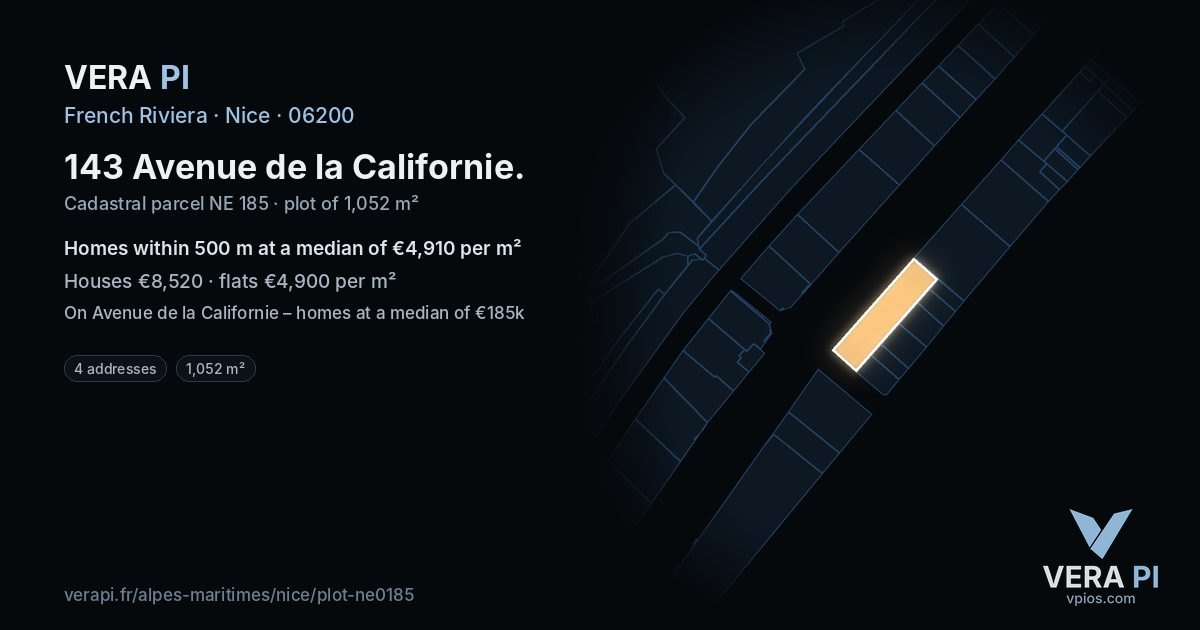 143 Avenue de la Californie, Nice at night – the plot lit, the parcels around coloured by the prices near them