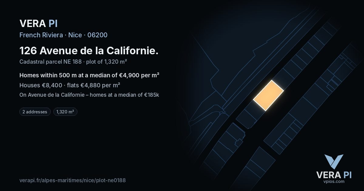 126 Avenue de la Californie, Nice at night – the plot lit, the parcels around coloured by the prices near them