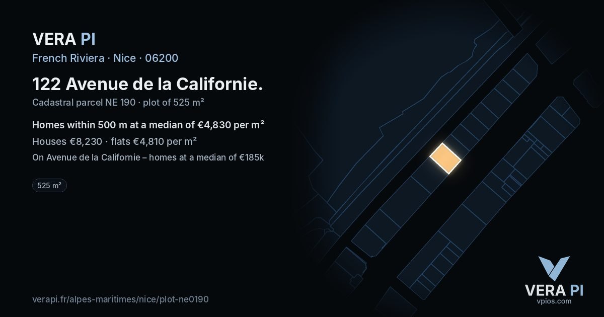 122 Avenue de la Californie, Nice at night – the plot lit, the parcels around coloured by the prices near them